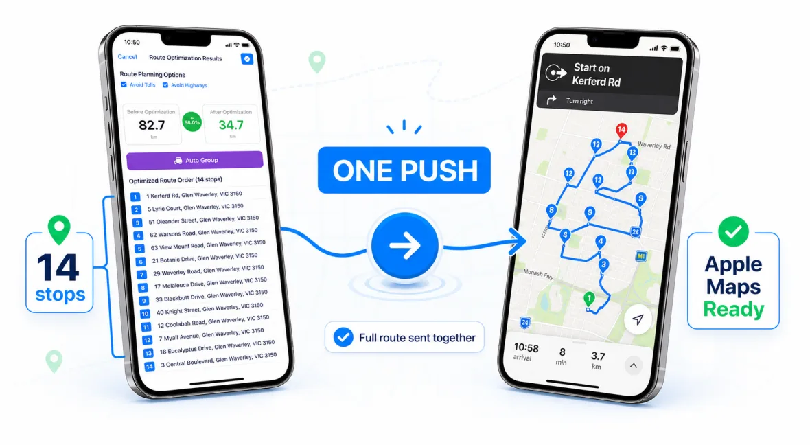 NaviBatch iPhone delivery route planner sending stops to Apple Maps