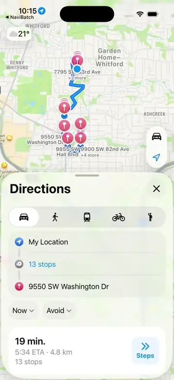 Apple Maps opened after NaviBatch handoff with delivery stops ready