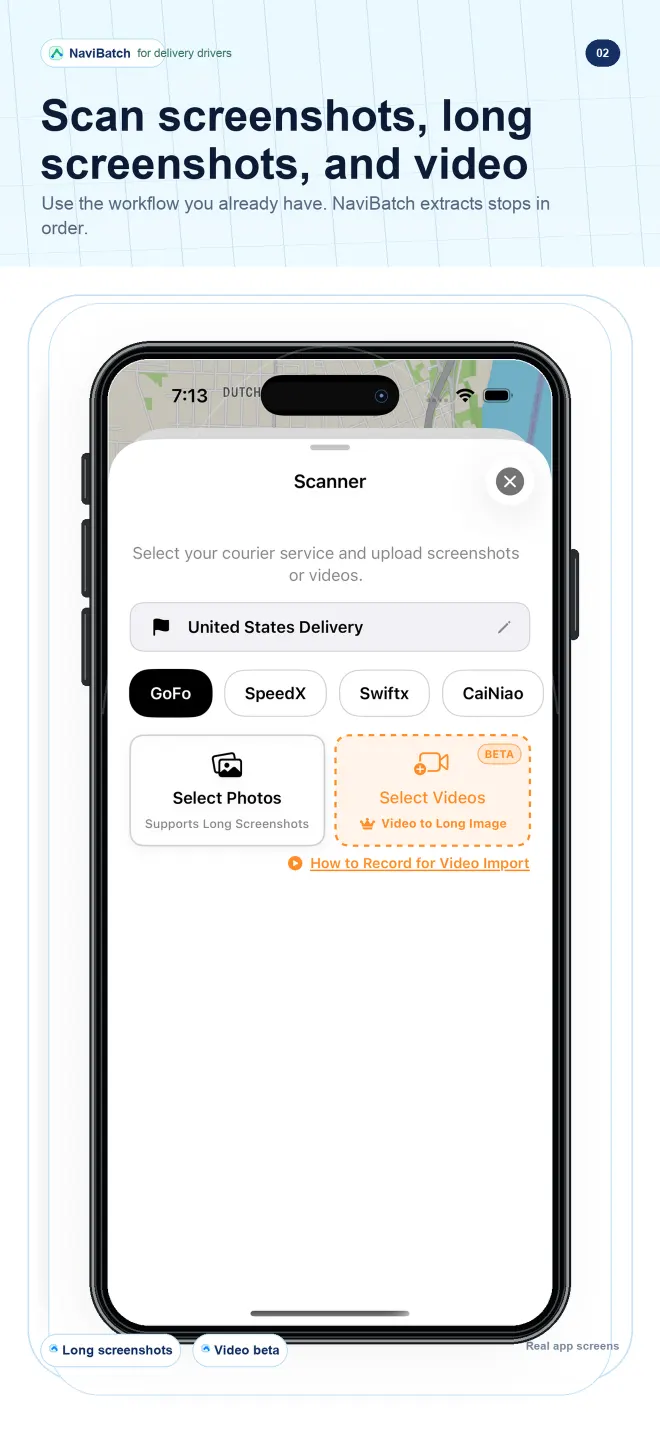 Official NaviBatch scanner UI with screenshot, long screenshot, and video import